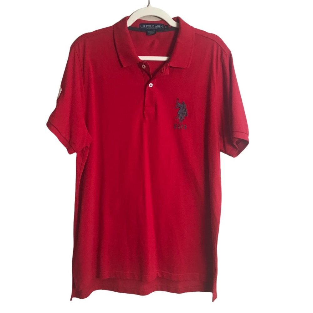 U.S. Polo Assn. Polo Men Size Large Red "3" on Sleeve 100% Cotton Collared Logo